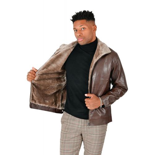 Barabas Brown PU Leather Modern Fit Sherpa Lined Motorcycle Jacket JB2007
